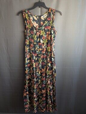 Vintage 1990's Sleeveless Floral Maxi Dress Black w/ Rust, Gold, & Green Accents